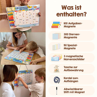 Belohnungstafel für Kinder - [100 Aufgaben + 350 Magnete] - Belohnungssystem für Verantwortung - Family Plan, Montessori Magnettafel, Wochenplaner, Adhs Hilfsmittel - inkl. Tasche, Stift (Dinosaurier)