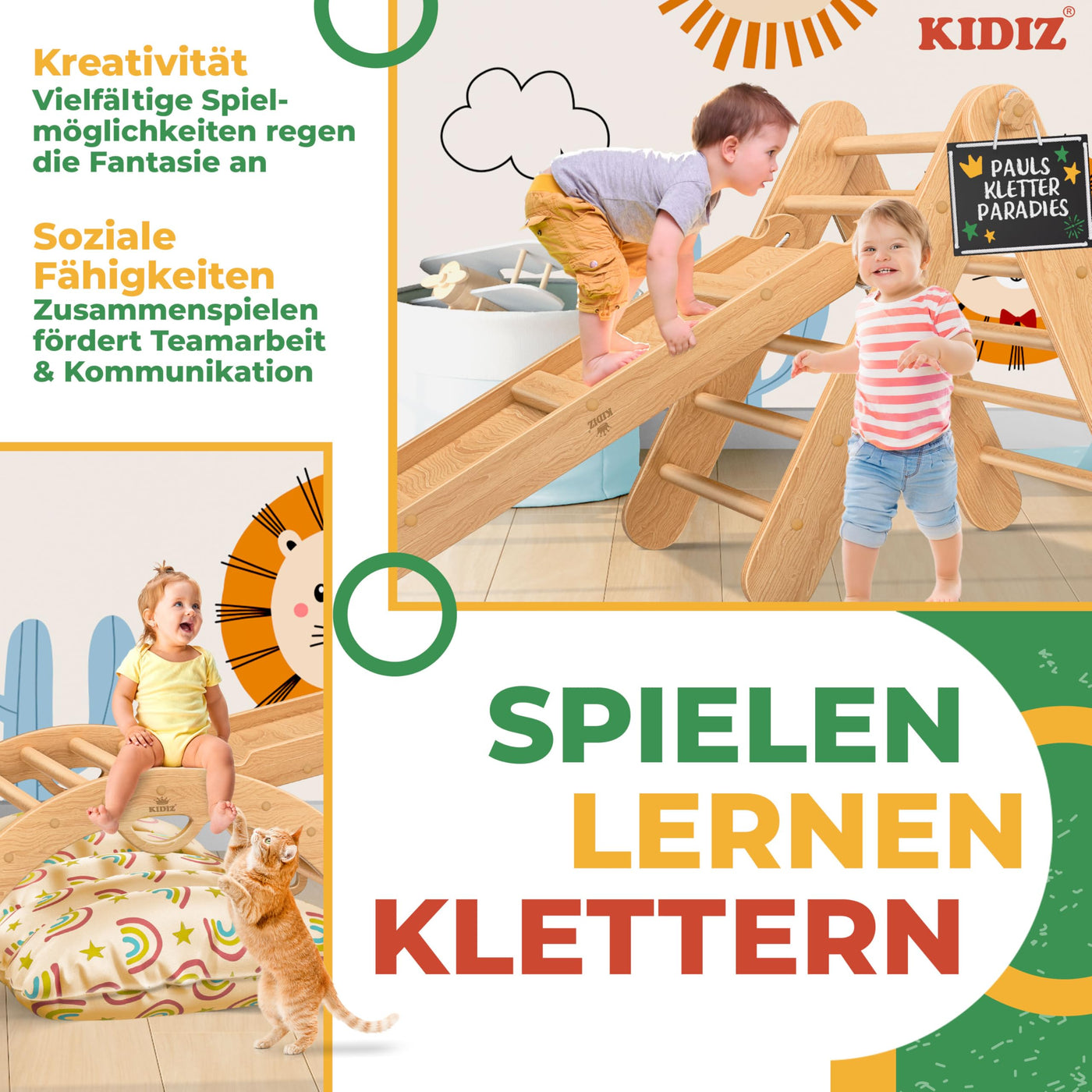 Kidiz® Klettergerüst Montessori 7in1 Spiel-Set mit Kletterbogen Rutsche Kletterdreieck aus Holz inklusive Kissen, Tafel & Lern-Uhr | Indoor Spielplatz für Kleinkinder ab 1 Jahr & Kinder bis 3 Jahre