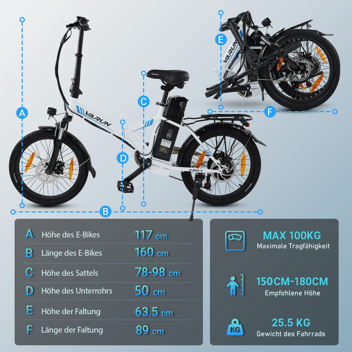 VARUN E Bike, 20 Zoll Ebike klapprad mit 48V Lithium-Akku, 250W Motor, E-Bike Damen Herren mit 5 Modi, 7-Gang Getriebe, Pedelec Elektrofahrrad City Ebike mit LCD-Display, EU-Konformes