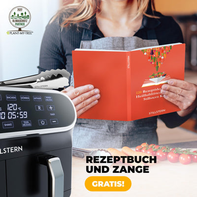 Stillstern Dual Zone Heißluftfritteuse 8L [für 1-8 Pers], 2400W, NEU: HeatingFlow Technologie, 80-200°C, Shake-Funktion, 120 Rezepte [DEUTSCH], 8 Programme, Dörren, Auftauen&Warmhalten, Air Fryer