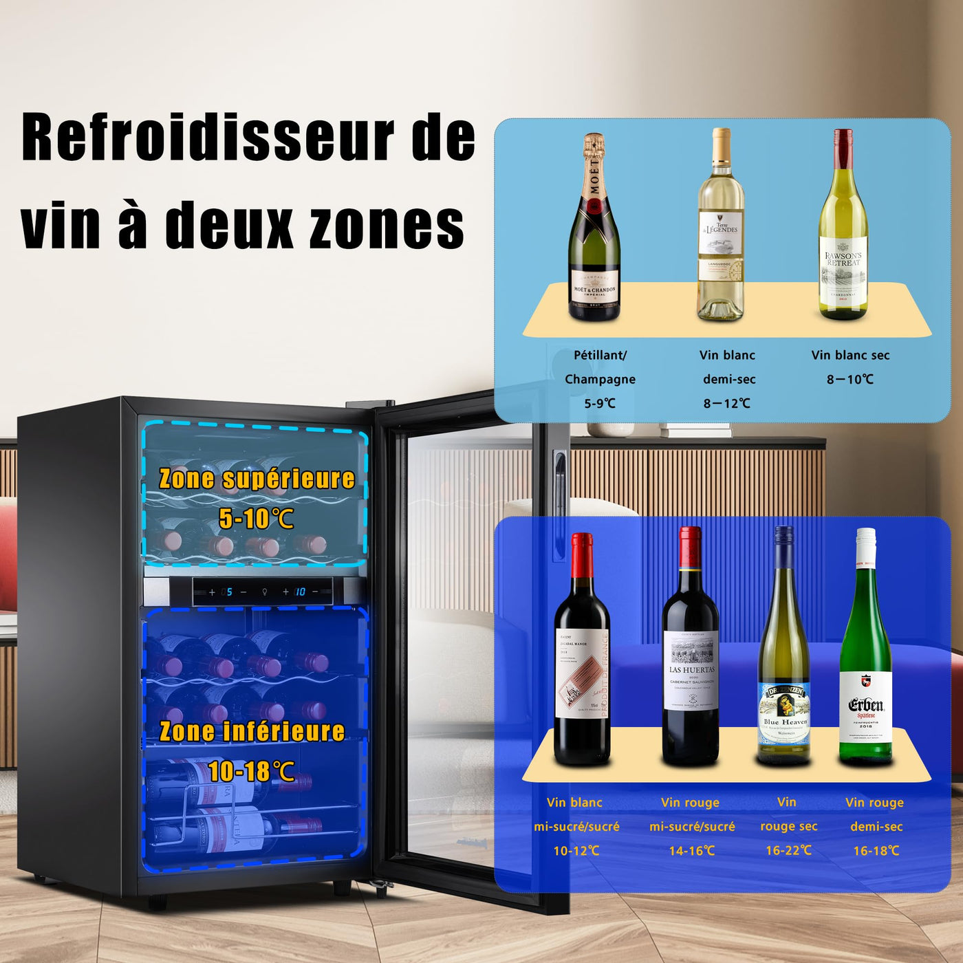 Kalamera Weinkühlschrank 2 Zonen, Touch-Bedienfeld,Schwarze Glastür, Verdeckter Griff, Flaschenkühlschrank 20 Flaschen, 68Liter, 5-18°C Kühlzone, KRC-68BFG