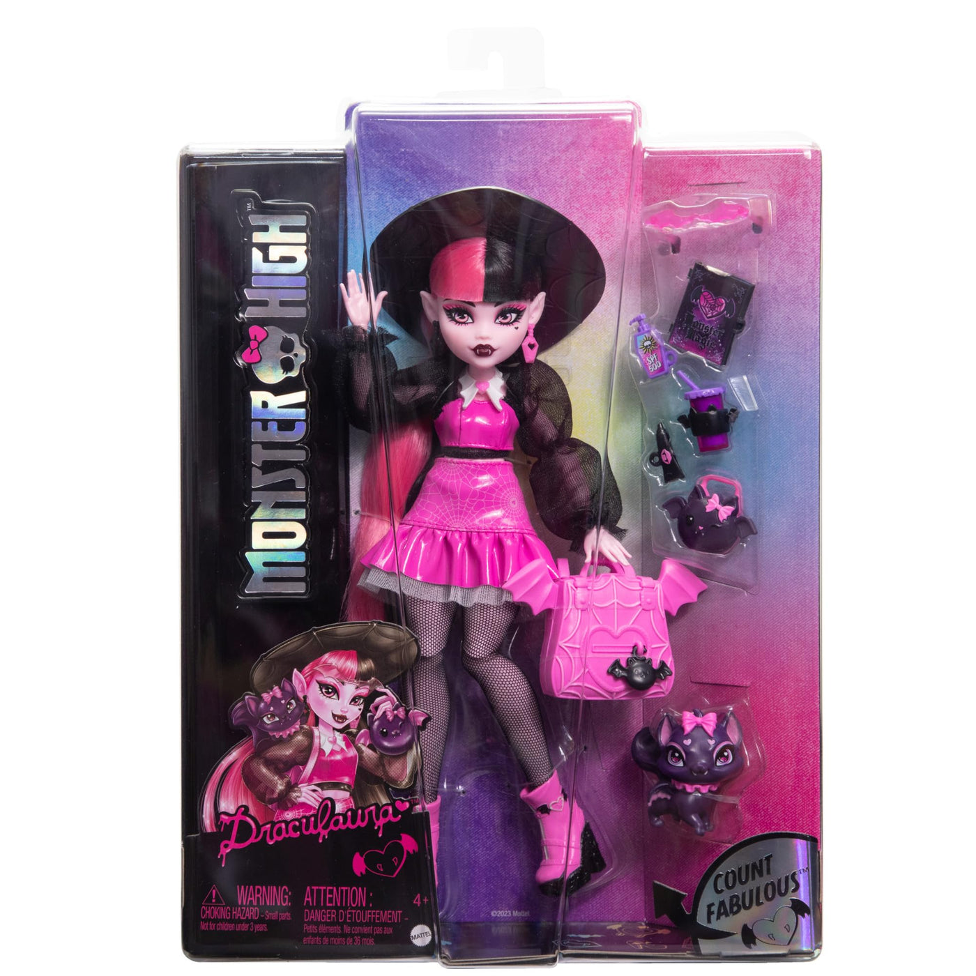 Monster High Draculaura-Puppe mit ihrem Haustier, der Fledermaus-Katze Count Fabulous, und Accessoires wie Rucksack, Zauberbuch, Bento-Box und mehr, HRP64
