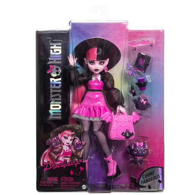Monster High Draculaura-Puppe mit ihrem Haustier, der Fledermaus-Katze Count Fabulous, und Accessoires wie Rucksack, Zauberbuch, Bento-Box und mehr, HRP64