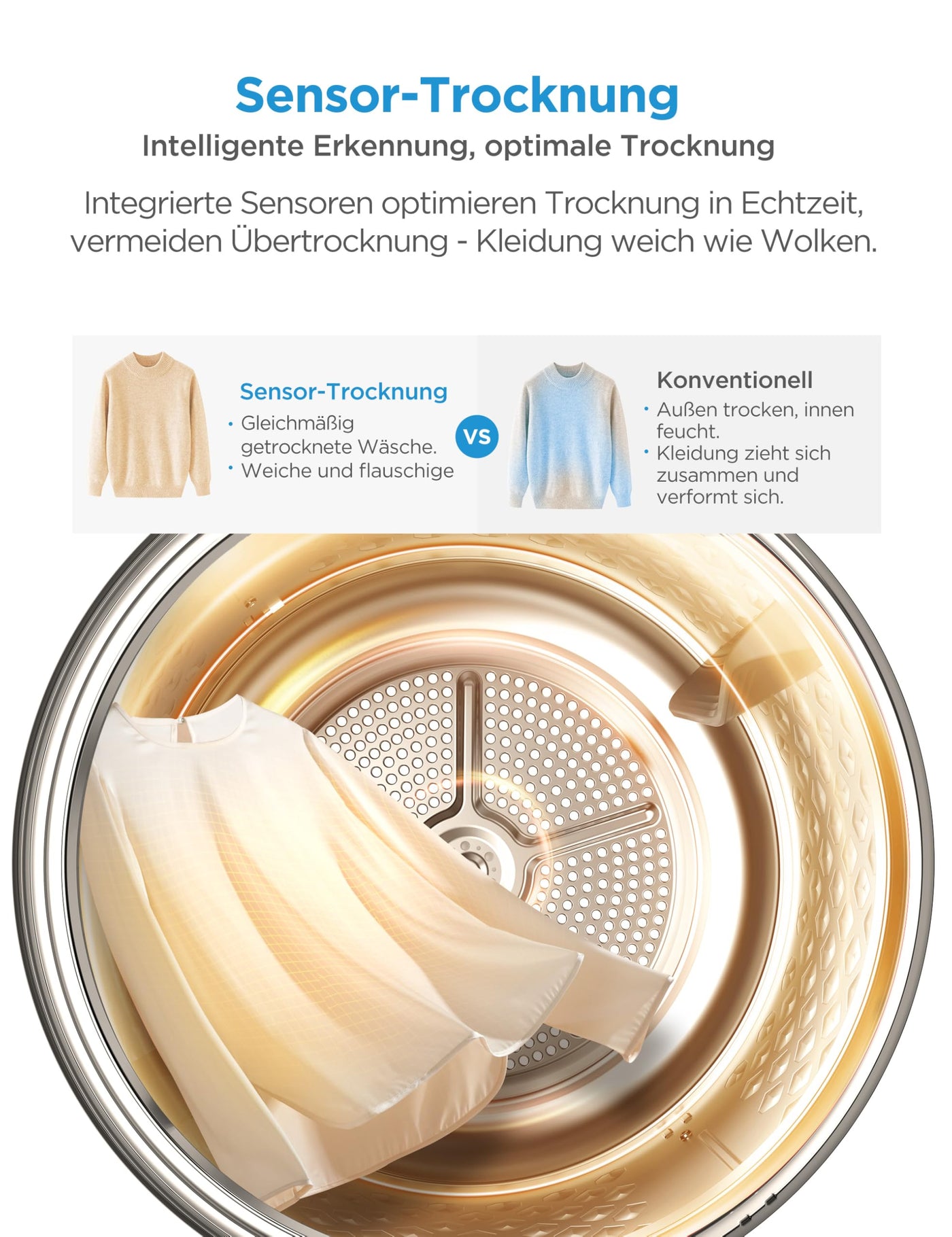 Midea MD11EH70BD Wärmepumpentrockner, 7 kg, Energieklasse D, Schnelltrocknen 35', HealthGuard, Sensor-Trocknung, Auffrischen,Knitterschutz, Auffrischen Wolle, Weiß