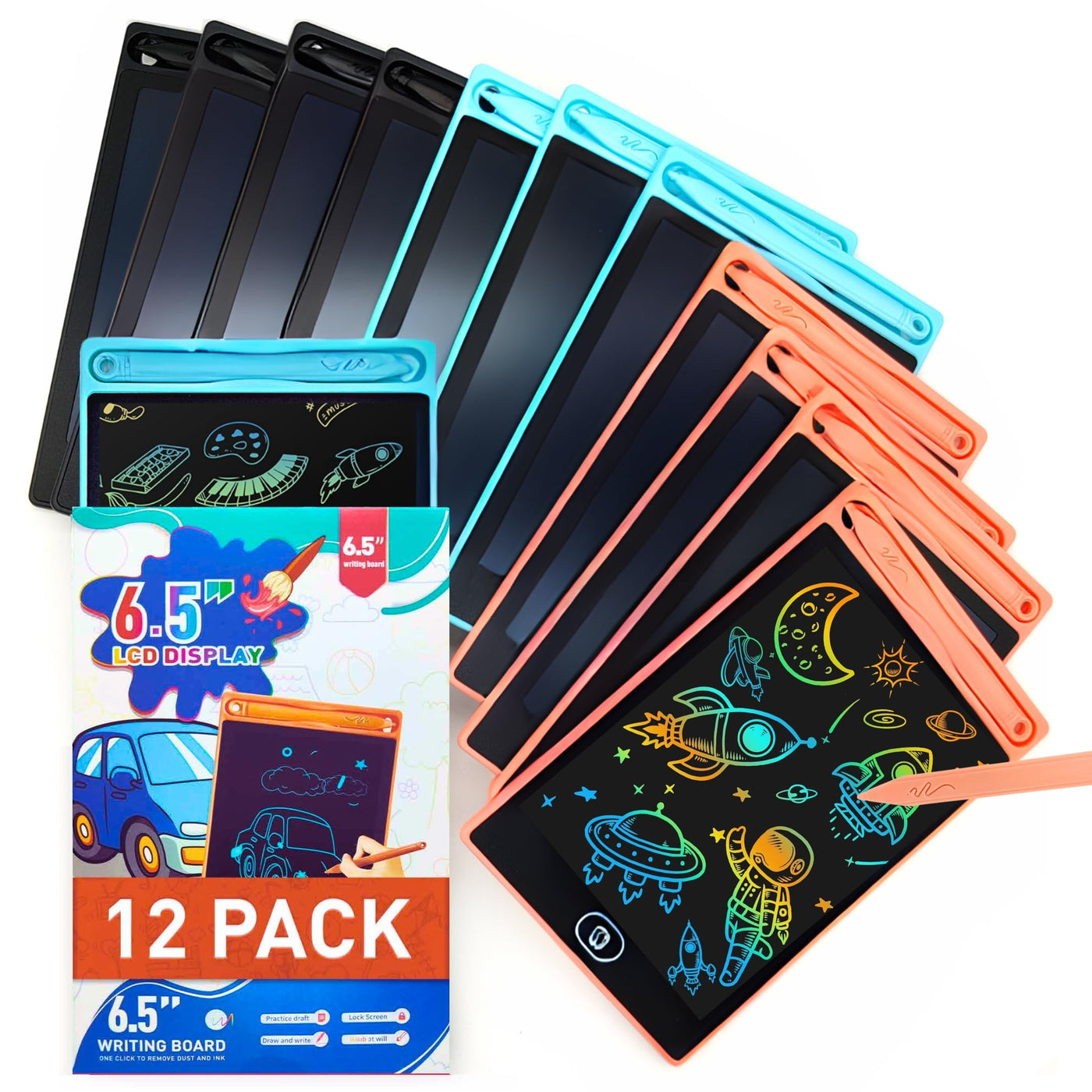 Riff Ruffle Bunte LCD Schreibtafel 6,5 Zoll, [12er Pack], Electight Zeichentafel mit Sperr-& Löschfunktion, Augenschutz-Kritzelblock Geschenke