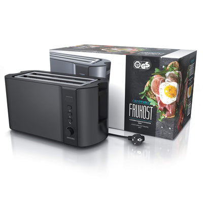 Arendo - Edelstahl Toaster Langschlitz 4 Scheiben, Defrost, wärmeisolierendes Gehäuse, mit integriertem Brötchenaufsatz, 1500W, Krümelschublade, Display, Cool Grey