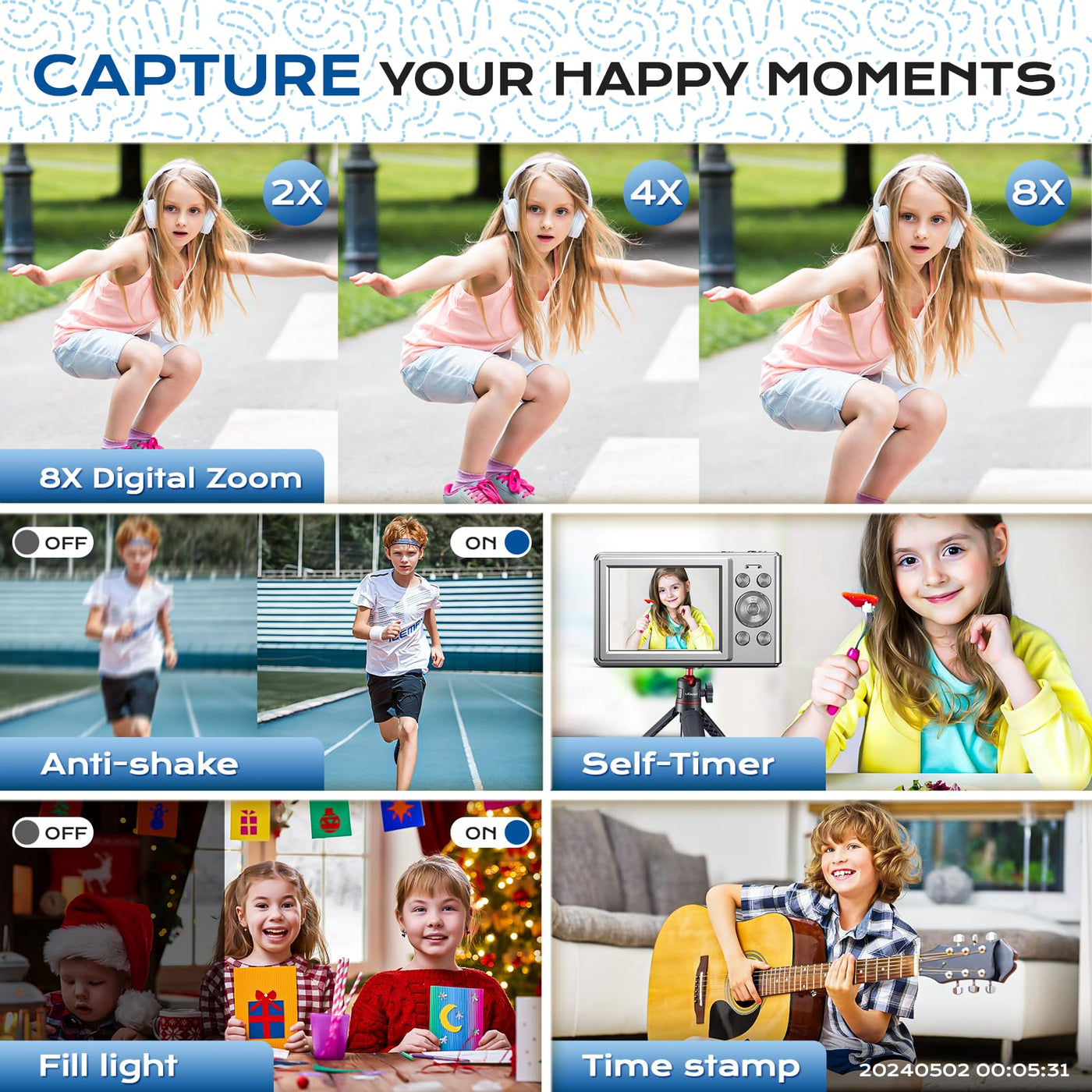 Digitalkamera Kinder Kompaktkamera kinderkamera, 1080P FHD 56MP Fotoapparat Digitalkamera Vintage Mini Fotos für Kinder Teenager Studenten Anfänger, 2 * Batterien, 32 GB (Silber)