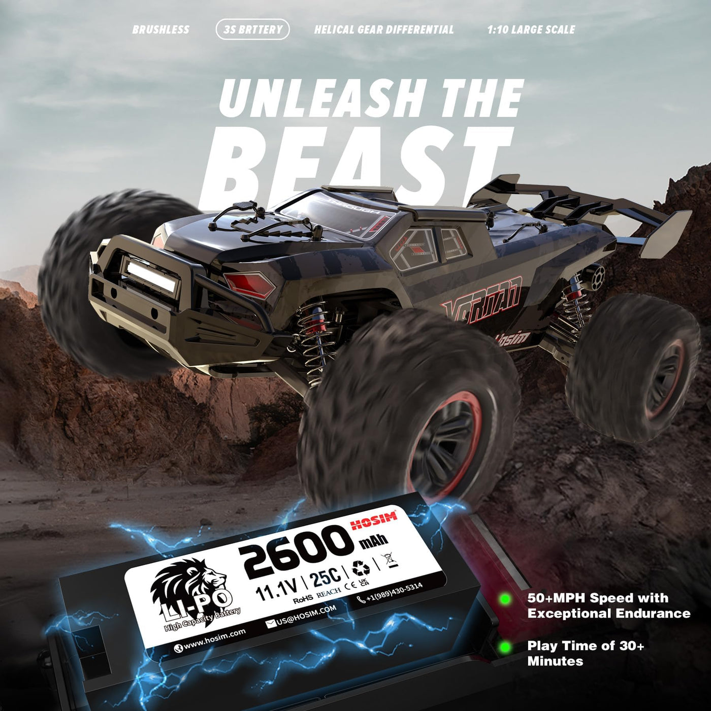 Hosim 1/8 Brushless Ferngesteuertes Auto 80 km/h, 3S Lipo 11.1V 2600mAh RTR RC Auto Offroad 4wd, RC Car Schnell Erwachsene Wasserdicht RC Monstertruck