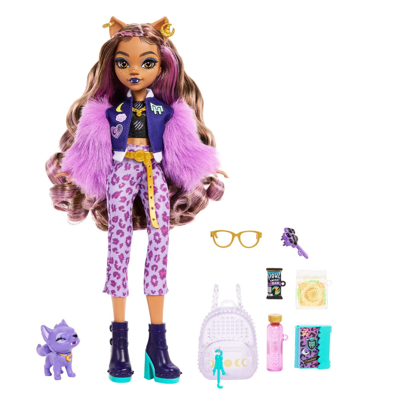 Monster High Clawdeen Wolf-Puppe mit Hund Crescent und Accessoires wie Rucksack, Kalender, Snacks und mehr, HRP65