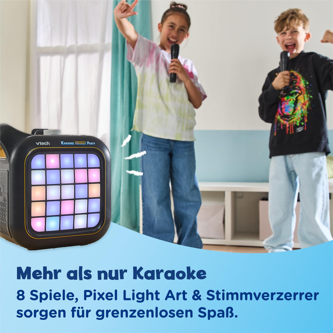 Vtech Karaoke Light Party – Karaokemaschine für Kinder mit 2 kabellosen Mikrofonen, Lichtshow, Bluetooth, 40W Lautsprecher, Spiele & Gesangseffekten