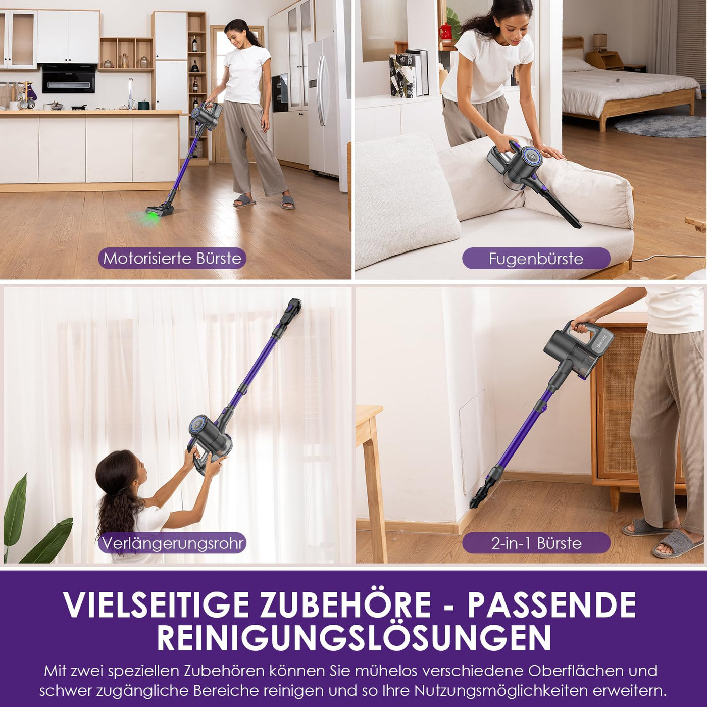 Suirviz Akku Staubsauger Kabellos, 500W/40000Pa/40 Min Akkustaubsauger mit Selbststehende, Leichter Stabstaubsauger mit grünem Licht, Ideal für Hartböden, Teppiche, Tierhaare