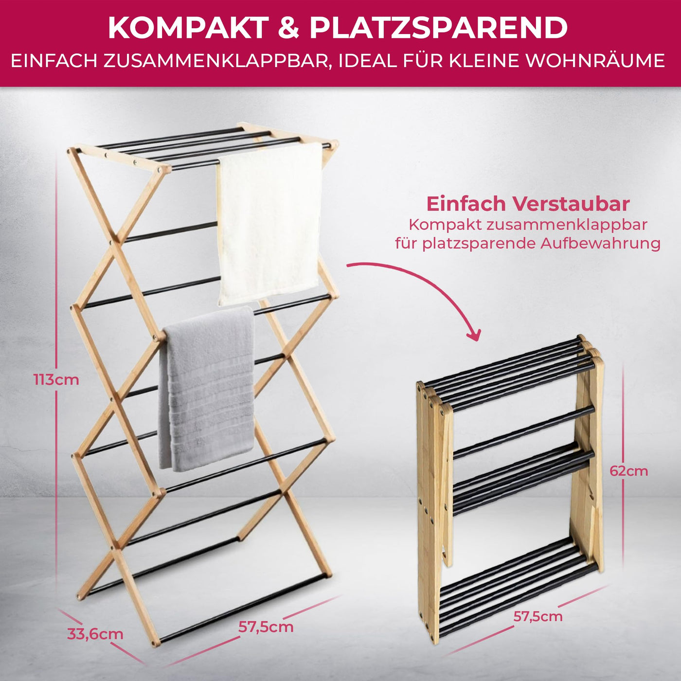 Suleno® Bambus Wäscheständer Bali, 57x113cm Klappbar & Ausziehbar, Platzsparend, 11 Metallstangen, 6 Ebenen, Leicht, Ideal für kleine Wohnungen, Enge Räume & Balkon, Innen/Außen, Umweltfreundlich