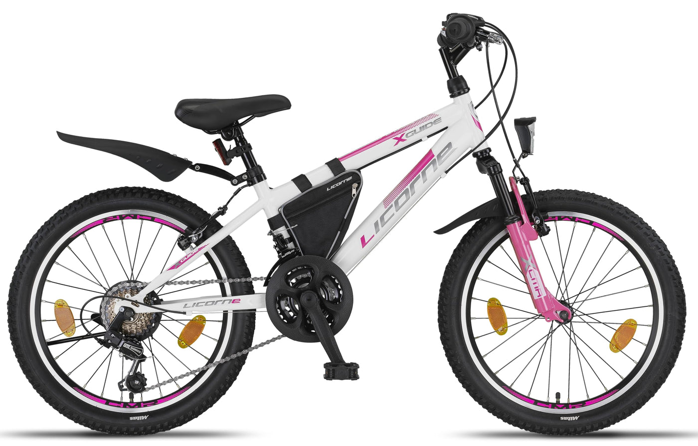Licorne Bike Guide Premium Mountainbike in 20, 24, 26, 27.5 und 29 Zoll Fahrrad für Mädchen Jungen Herren und Damen (20 Zoll, Weiß/Rosa)