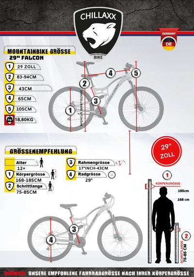 Chillaxx Bike Falcon Premium Mountainbike in 24 und 26 Zoll - Fahrrad für Jungen, Mädchen, Damen und Herren - Scheibenbremse- 21 Gang-Schaltung - Vollfederung (Schwarz-Disc-Bremse, 29 Zoll)