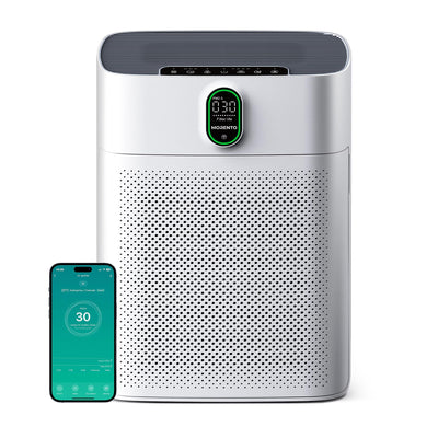 MORENTO Luftreiniger Allergiker für Wohnung Raucherzimmer, HEPA Luftfilter gegen Staub Pollen Tierhaare, CADR 300m³/h für 100㎡, Luftqualitäts-Feedback & Automodus, 24dB Air Purifier Timer(Weiß)