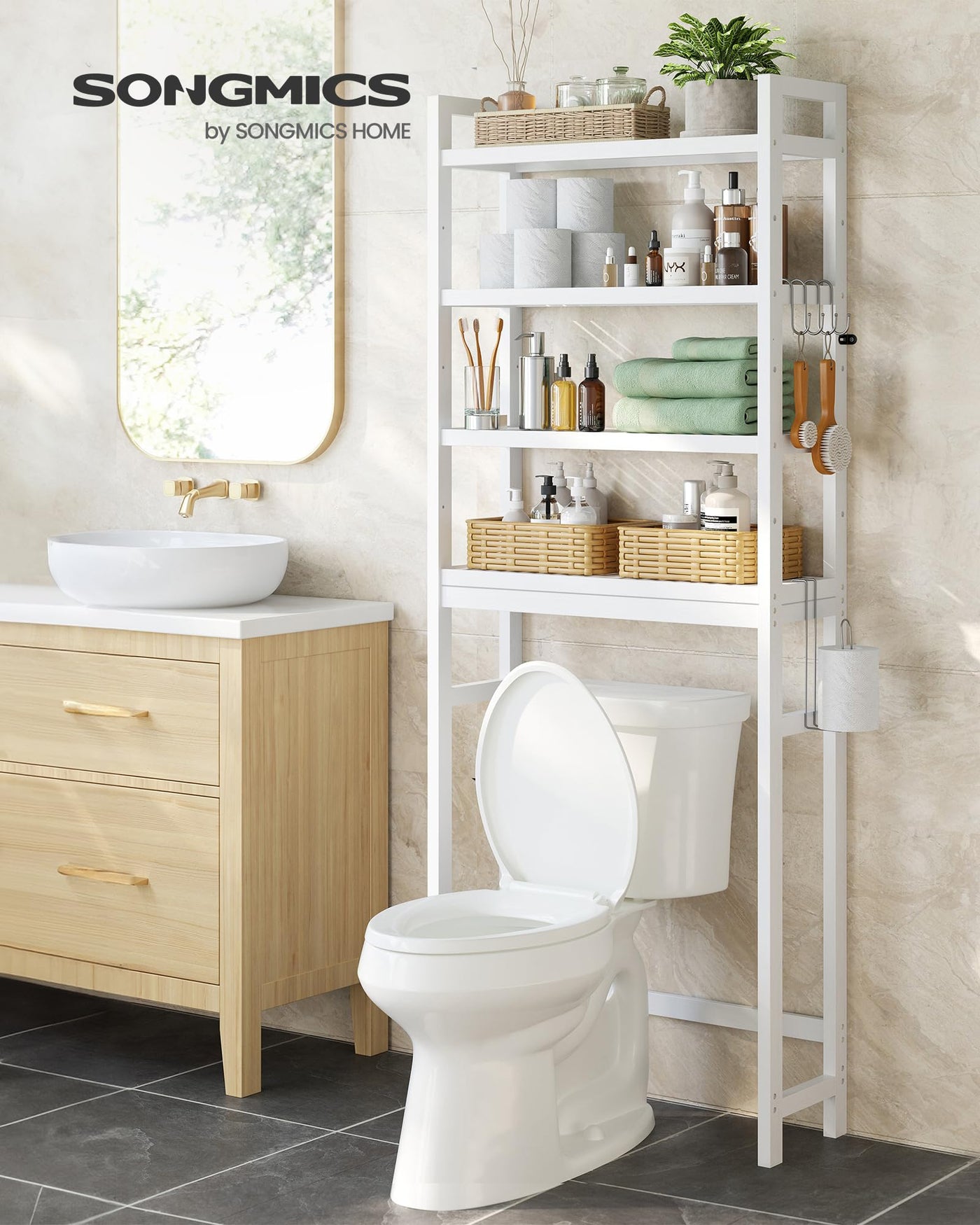 SONGMICS Toilettenregal, Badezimmerregal, 4-stöckiges Badregal, verstellbare Ablagen, platzsparend, geeignet für die meisten Toiletten, wolkenweiß BTS041W01