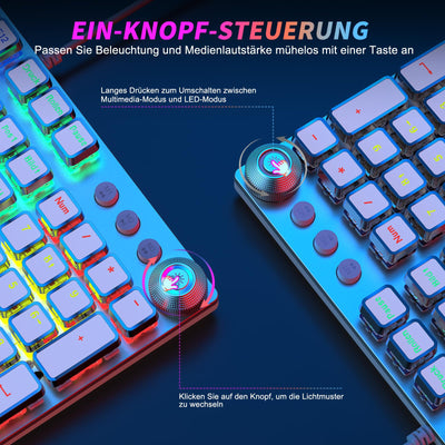 TECURS Gaming Tastatur Mechanische - Gamer Tastatur Programmierbare mit Magnetische Handgelenkauflage, Rote Schalter, 19 LED Modi, Multimedia-Tasten, PC Tastatur mit Kabel QWERTZ DE-Layout, Weiß