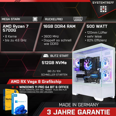 SYSTEMTREFF Basic Gaming PC weiß AMD Ryzen 7 5700G 8x4.6GHz | AMD Radeon RX Vega 8 4K HDMI DX12 | 512GB M.2 NVMe | 16GB DDR4 RAM | WLAN Desktop Computer Rechner für Gamer, Zocker