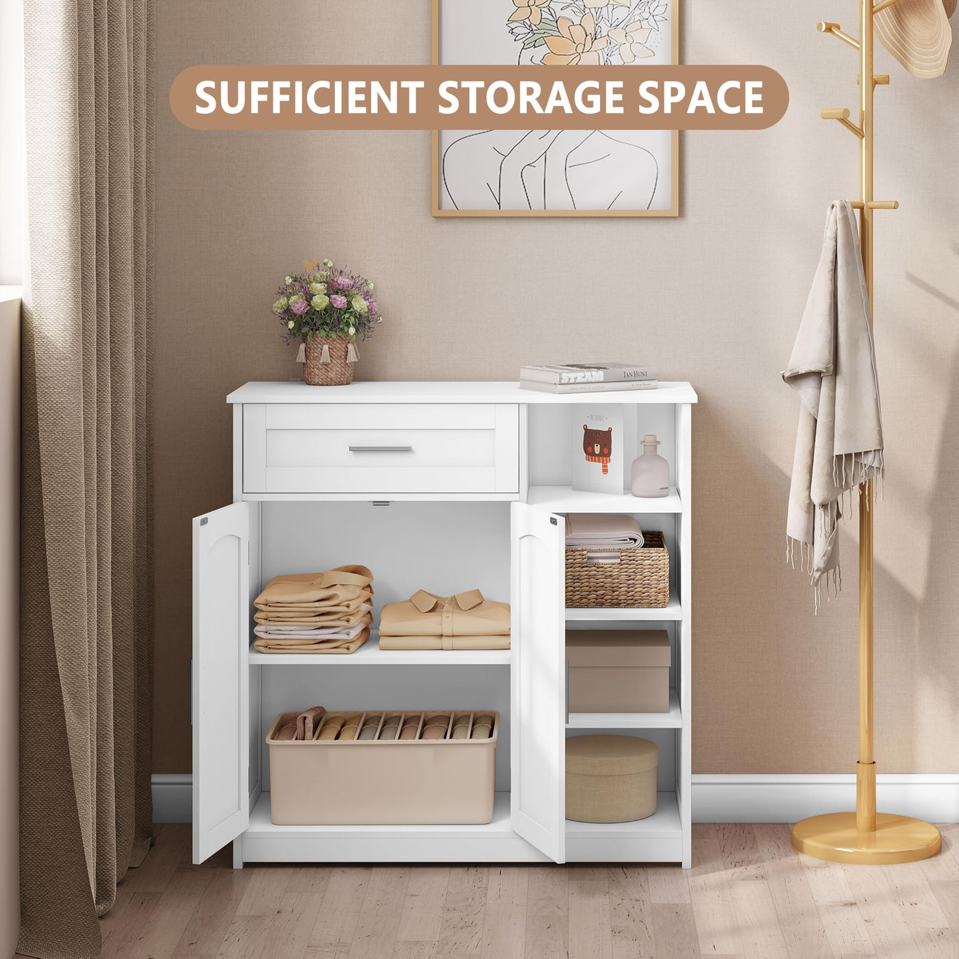 EUGAD Badezimmerschrank, Badschrank schmal, Aufbewahrungsschrank mit 1 Schublade, 2 Türen, verstellbaren Ablagen, Bad Schrank stehend, Kommode Badezimmer, 80x80,5x30 cm, Weiß