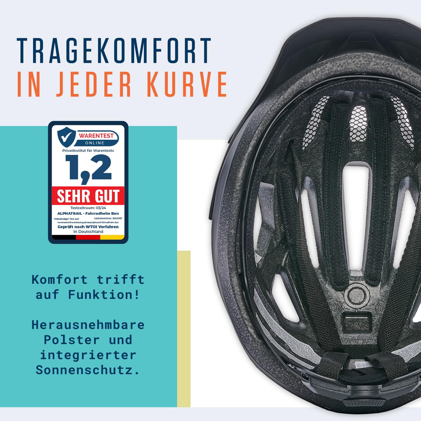 Alphatrail Fahrradhelm Ben - Sicher, Komfortabel & Leicht - Größe 55-61cm Schwarz - Allround, MTB, Trekking, City & E-Bike - Atmungsaktiver Fahrrad Helm Damen & Herren mit Insektenschutz, Kinnpolster