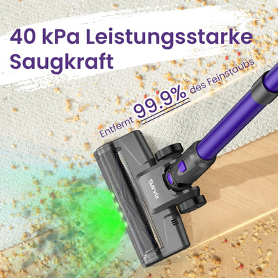Suirviz Akku Staubsauger Kabellos, 40000Pa/500W/45Min Akkustaubsauger mit Selbststehender Funktion, Leichter Kabelloser Akkusauger mit grünem Licht für Hartböden, Teppiche, Tierhaare