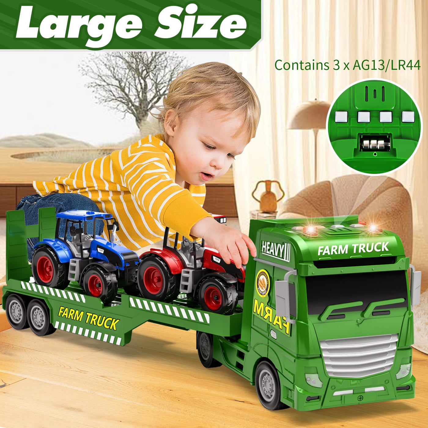 Tacobear Traktor Spielzeug mit Anhänger, Großer Bauernhof Traktor mit Licht und Sound Auto Transporter LKW Spielzeug Trecker Fahrzeuge Kinder Spielzeug ab 3 4 5 6 Jahre Junge Geschenk