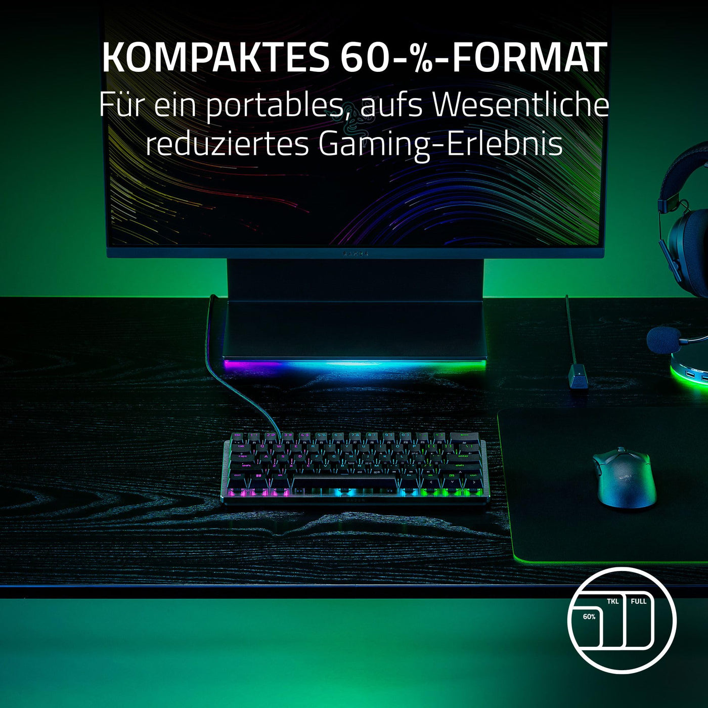 Razer Huntsman V3 Pro Mini - Analoge optische E-Sport-Tastatur im 60% Format Snap Tap & Rapid Trigger (Schnell-Feuer Modus, Mehrzweck Tasten, Doubleshot-PBT-Tastenkappen) DE-Layout | Schwarz