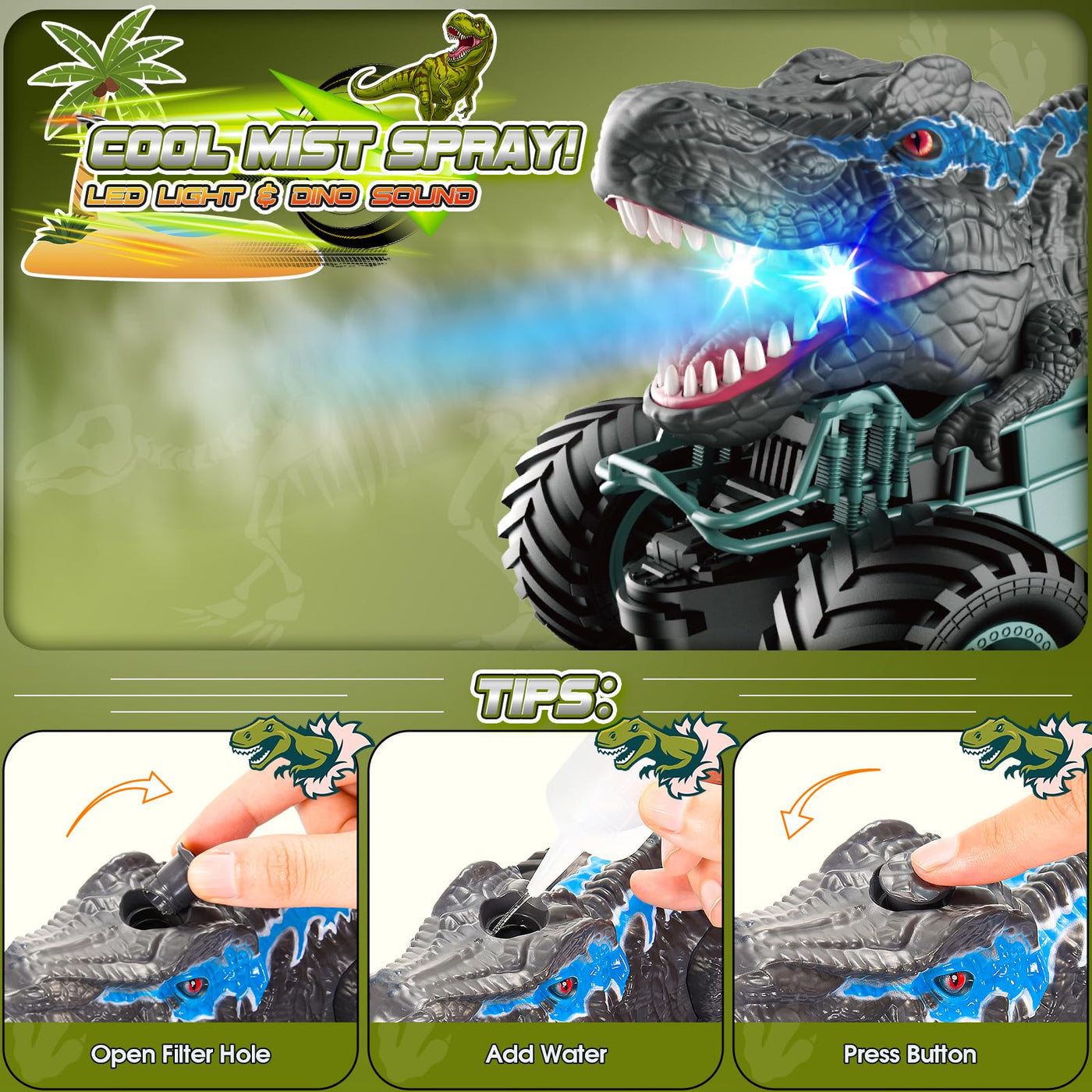 HappyGoLucky Monstertruck Ferngesteuertes Auto ab 3 4 5 6 7 8 Jahre, Dinosaurier Spielzeug ab 3-10 Jahre Junge, RC Auto mit Sprühnebel, Musik, LED-Leuchten, Ostergeschenke Kinder Outdoor Spielzeug