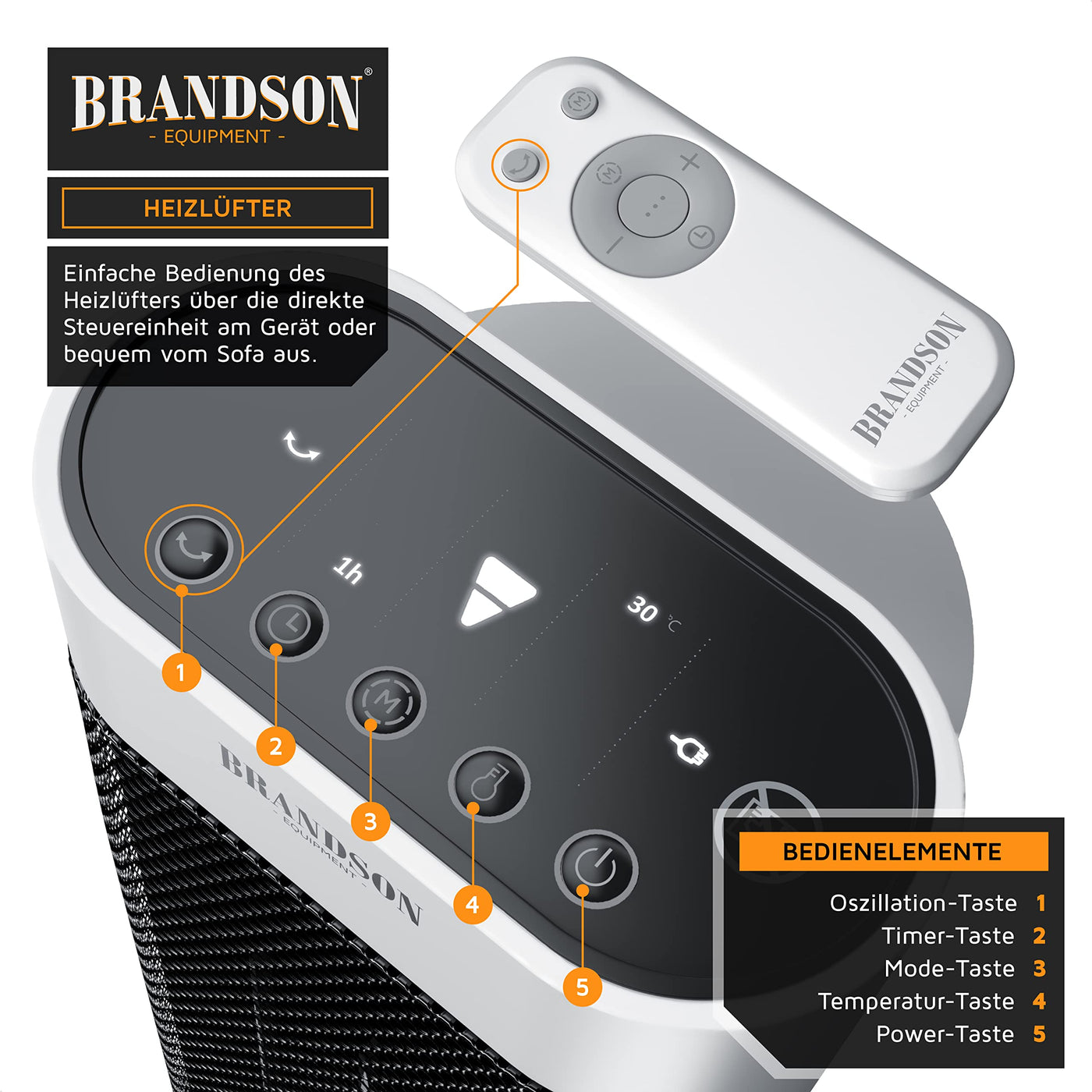 Brandson - Heizlüfter mit Fernbedienung - Preisträger 2025 - energiesparend leise - mit Thermostat Oszillation Timer - Weiss