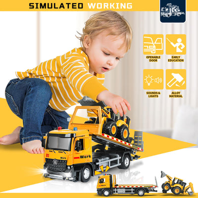 FUYLEY Abschleppwagen Spielzeug, Metallkabine Flachbett Abschleppwagen Spielzeug für Jungen Alter 3-7 mit Baggerlader, Reibung angetrieben Anhänger Baufahrzeuge mit Lichtern Sounds