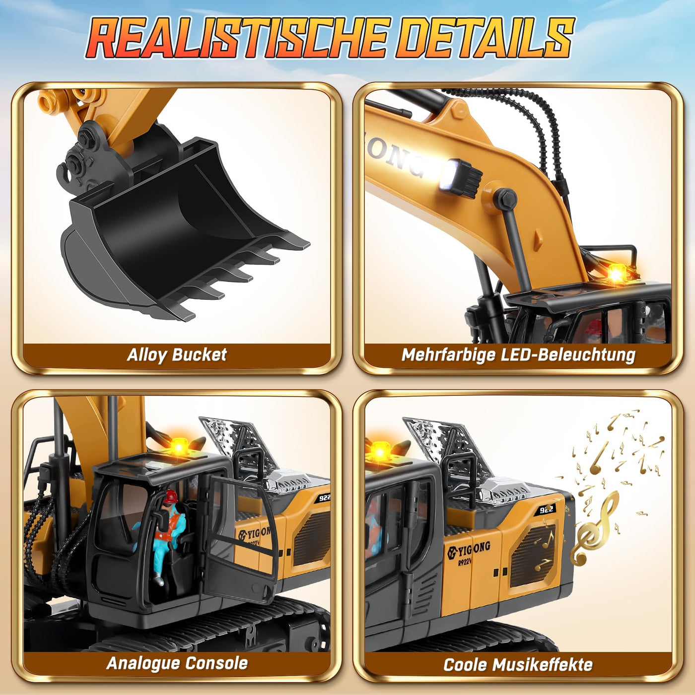 Charmofun Ferngesteuerter Bagger, 2,4GHz Bagger Spielzeug mit Schwerkraftgesteuerter Fernsteuerung, Stufenlos Rotierender RC Radlader mit Lichtern und Musik, Geschenke für Jungen Ab 5-12 Jahre