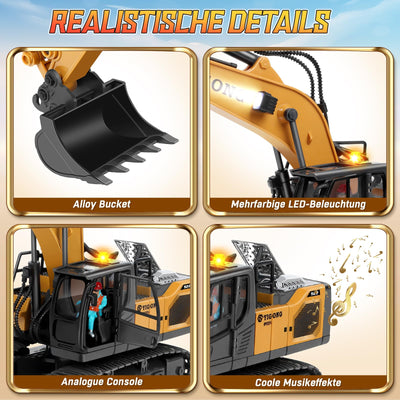 Charmofun Ferngesteuerter Bagger, 2,4GHz Bagger Spielzeug mit Schwerkraftgesteuerter Fernsteuerung, Stufenlos Rotierender RC Radlader mit Lichtern und Musik, Geschenke für Jungen Ab 5-12 Jahre