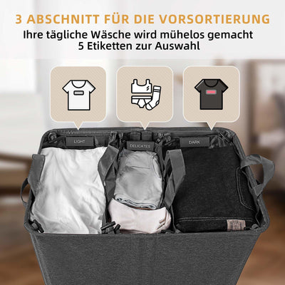 Wäschekorb Mit Deckel, 160L Extra Große Wäschekorb 3 Fächer Schmutzige Kleidung Hampers Für Wäsche Geteilt Wäschekorb Veranstalter Für Schlafzimmer, Dunkelgrau