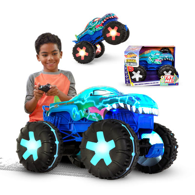 Hot Wheels Monster Trucks Ferngesteuertes Auto, Spielzeugtruck, übergroßer Mega-Wrex Alive im Maßstab 1:15 mit Fernbedienung, 3 ferngesteuerte Spielmodi mit interaktiven Lichtern und Geräuschen, JBD90