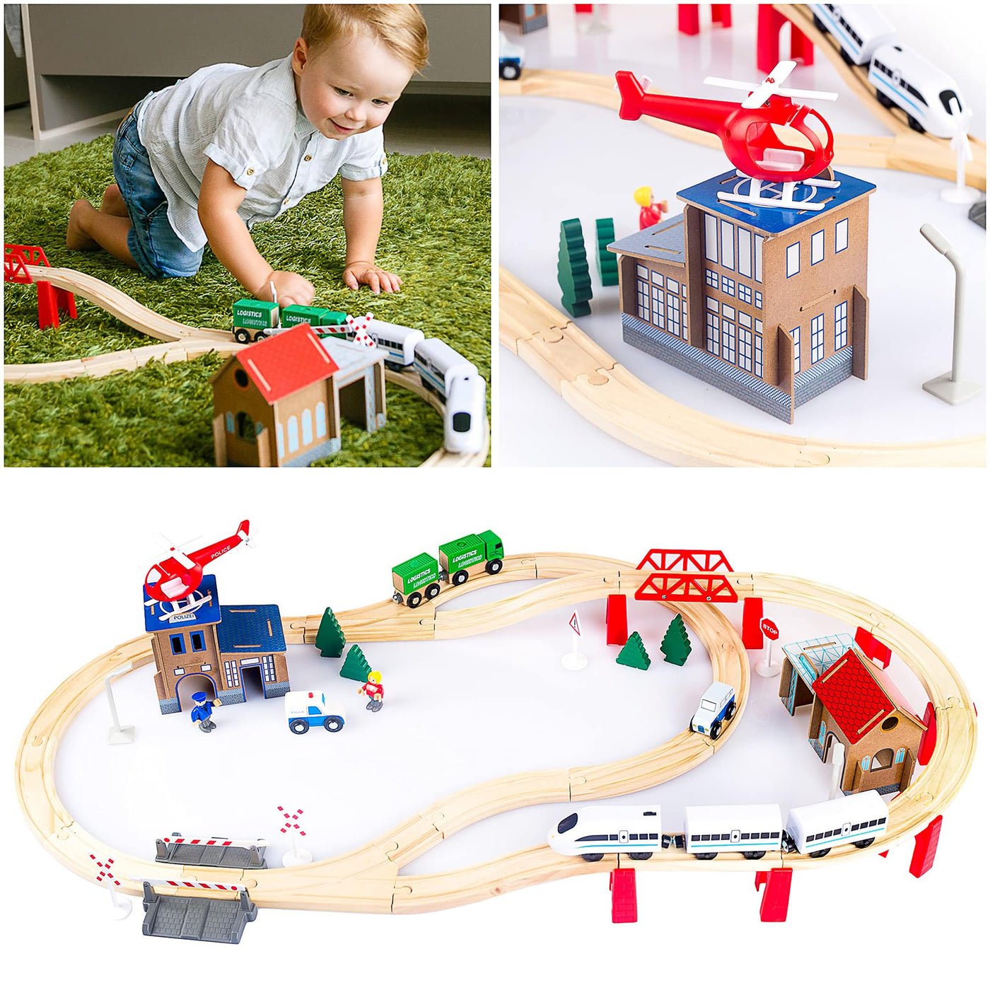 Green series Holzeisenbahn Set für Kinder - Eisenbahn Holz | Spielzeug Zug | Polizeistation, Autobahn und Bahnset mit Brücke, 80 Teilen, 378 cm lang | Holz Eisenbahnen | Holzzug | Modell GS0010