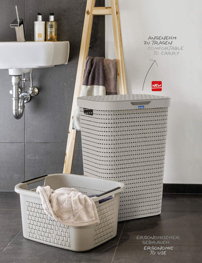 Rotho Country Wäschesammler 55l mit Deckel in Rattan-Optik, Kunststoff (PP) BPA-frei, anthrazit, 55l (42.0 x 32.2 x 57.7 cm)