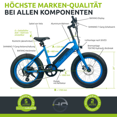 Highphoria Elektrofahrrad Kinder 20 Zoll, Fat Tire E-Bike für Kids, 25 km/h 100km E-Mountainbike Elektro Fahrrad mit 48V 250W Motor, 7-Gänge Pedelec (Blau/Blau)