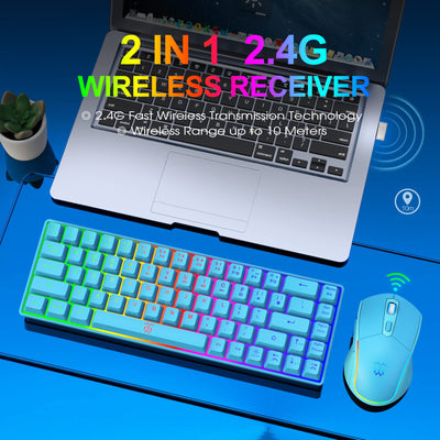 Snpurdiri 60% Tastatur Maus Set Kabellos, LED-Beleuchtung, wiederaufladbare 2000mAh Batterie Small Mini 60 Prozent Wireless Gaming Combo, Ergonomisches Design 6D 3200DPI Maus (Blau)
