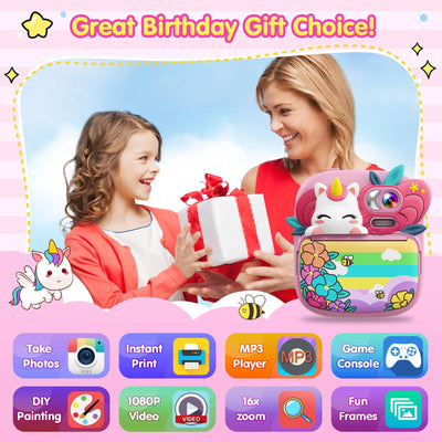 TIATUA Kinderkamera Sofortbildkamera, 1080P 2,4 Zoll Sofortbildkamera Kinder mit 32G Karte und 3 Rollen Druckerpapier, Digitalkamera Kinder mit Farbigen, Geschenke für Jungen und Mädchen 3-14 Jahre