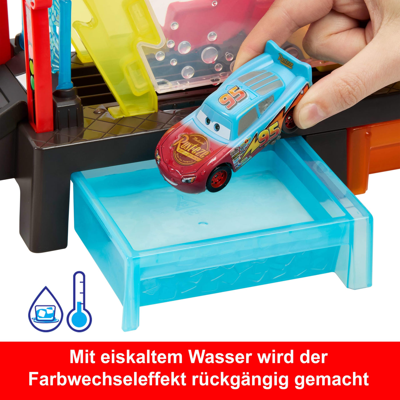 Mattel Disney Pixar Cars Autowaschanlagen-Spielset für Rennwagen mit Lightning McQueen-Spielzeugauto mit Farbwechseleffekt, ca. 50 cm lang, mit anderen Sets kombinierbar, JBM70