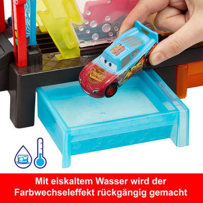 Mattel Disney Pixar Cars Autowaschanlagen-Spielset für Rennwagen mit Lightning McQueen-Spielzeugauto mit Farbwechseleffekt, ca. 50 cm lang, mit anderen Sets kombinierbar, JBM70