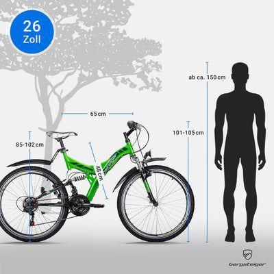 Bergsteiger Memphis 26 Zoll Mountainbike, geeignet ab 150 cm, Dynamo-Licht, StVZO, 21 Gang-Schaltung, Vollfederung, Jungen-Fahrrad & Herren-Fahrrad