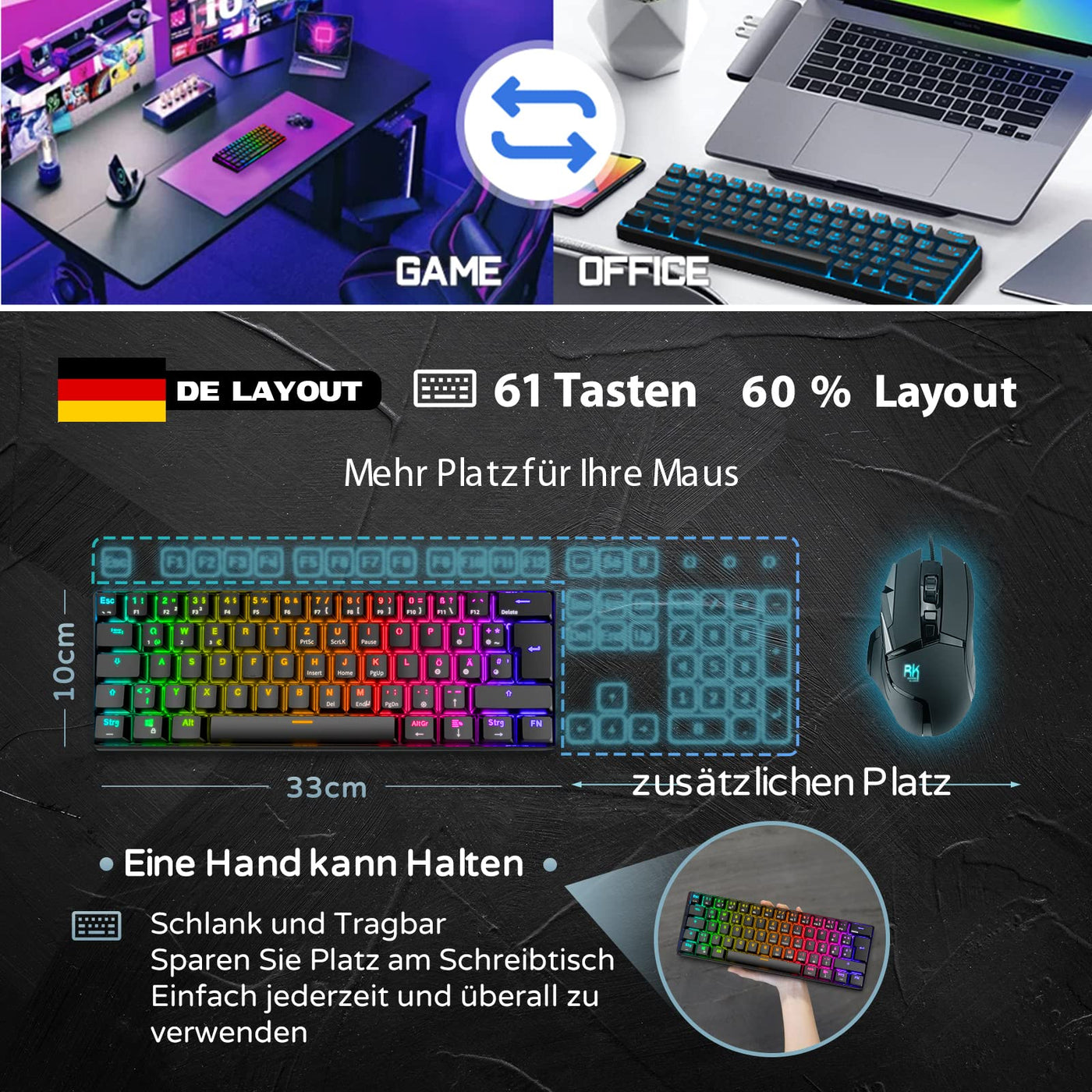 RK61 RGB Gaming-Tastatur, 2,4 GHz Wireless/Bluetooth/Wired 60% Mechanische Tastatur 61 Tasten, Hot-Swap-fähiger Roter Schalter mit RGB-Beleuchtung, Kompatibel für Win/Mac, Schwarz (QWERTZ)