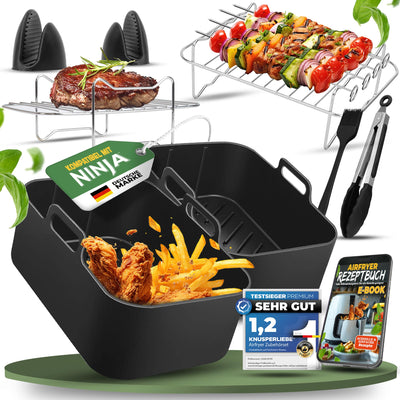 KNUSPERLIEBE® Ninja Heißluftfritteuse Zubehör Set XL Airfryer XL für Foodi AF400EU AF300EU Double Stack 7,6L-9.5L und Dual Zone Air Fryer, BPA-Frei | Air Fryer Accessories