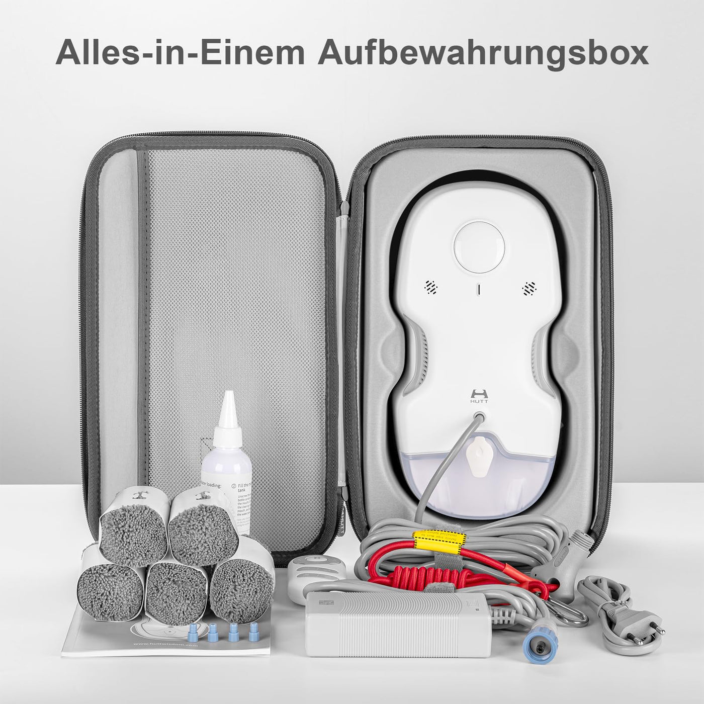 HUTT C65 Fensterputzroboter mit Sprühfunktion, Elektrischer Fensterputzer Fernbedienung mit 80ML Tank, Fensterreiniger Roboter Automatischer, für Innen- und Außenfenster, 10x Lappen, Koffer