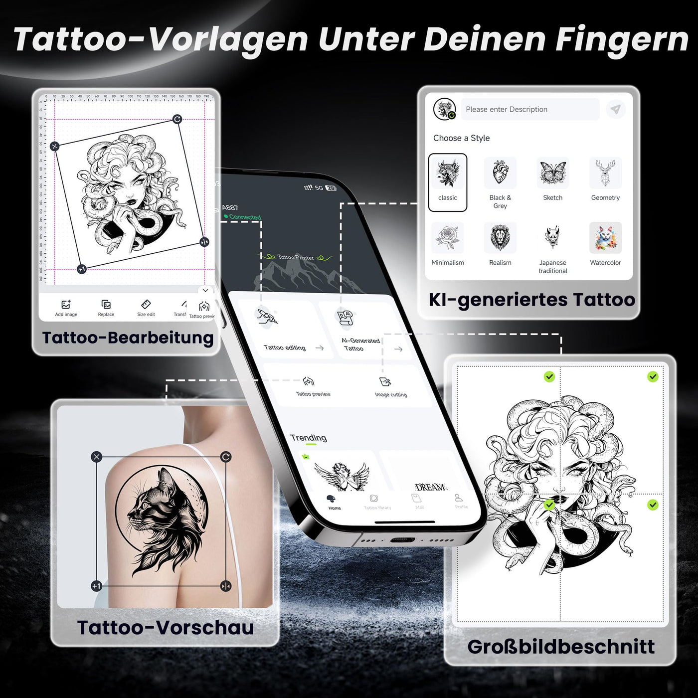 TATTMUSE Tattoo Drucker Bluetooth, Schablone Nadeldrucker mit 10 Stück Papier, Tattoo Transfer mit Smartphone PC, Stencil Drucker für Tattoo Künstler und Anfänger