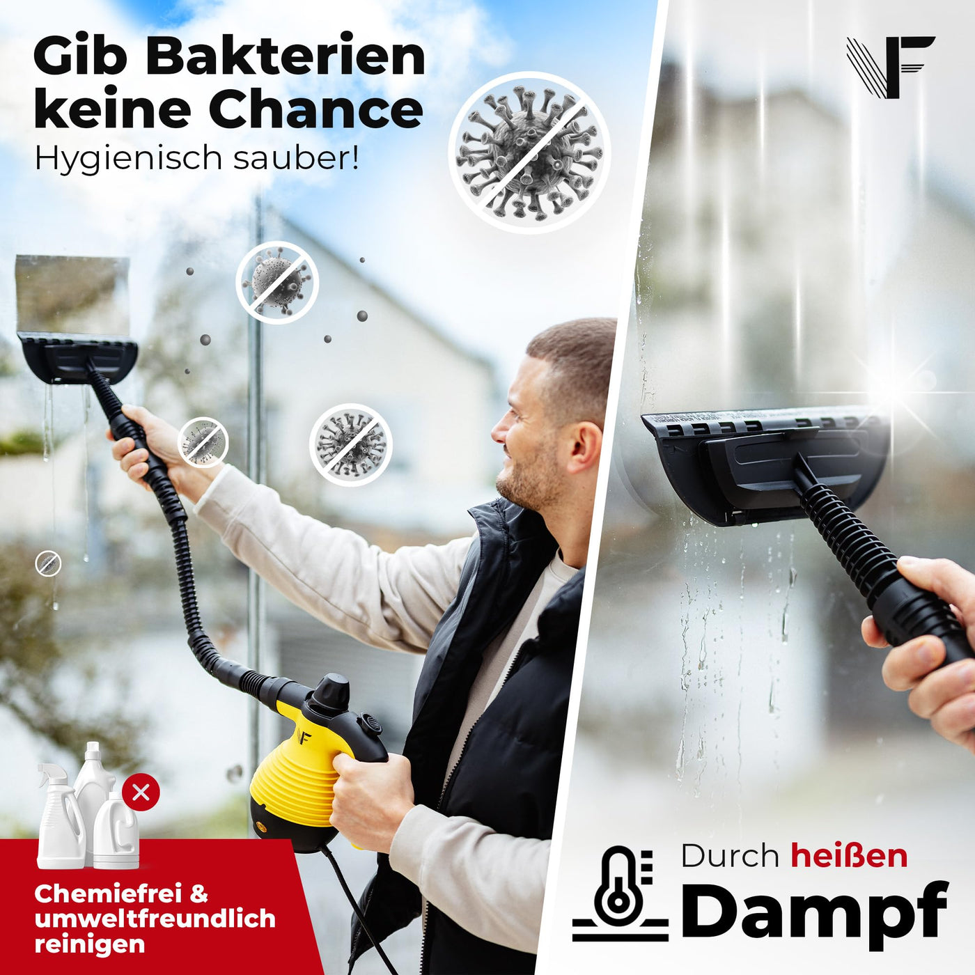 Neighbour's Friend® Dampfreiniger Handgerät mit vielen Aufsätzen 350ml Tank I Leistungsstarker Handdampfreiniger 3,5 Bar I Dampf Gerät Fenster mit Dampfregulierung