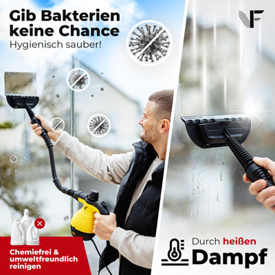 Neighbour's Friend® Dampfreiniger Handgerät mit vielen Aufsätzen 350ml Tank I Leistungsstarker Handdampfreiniger 3,5 Bar I Dampf Gerät Fenster mit Dampfregulierung