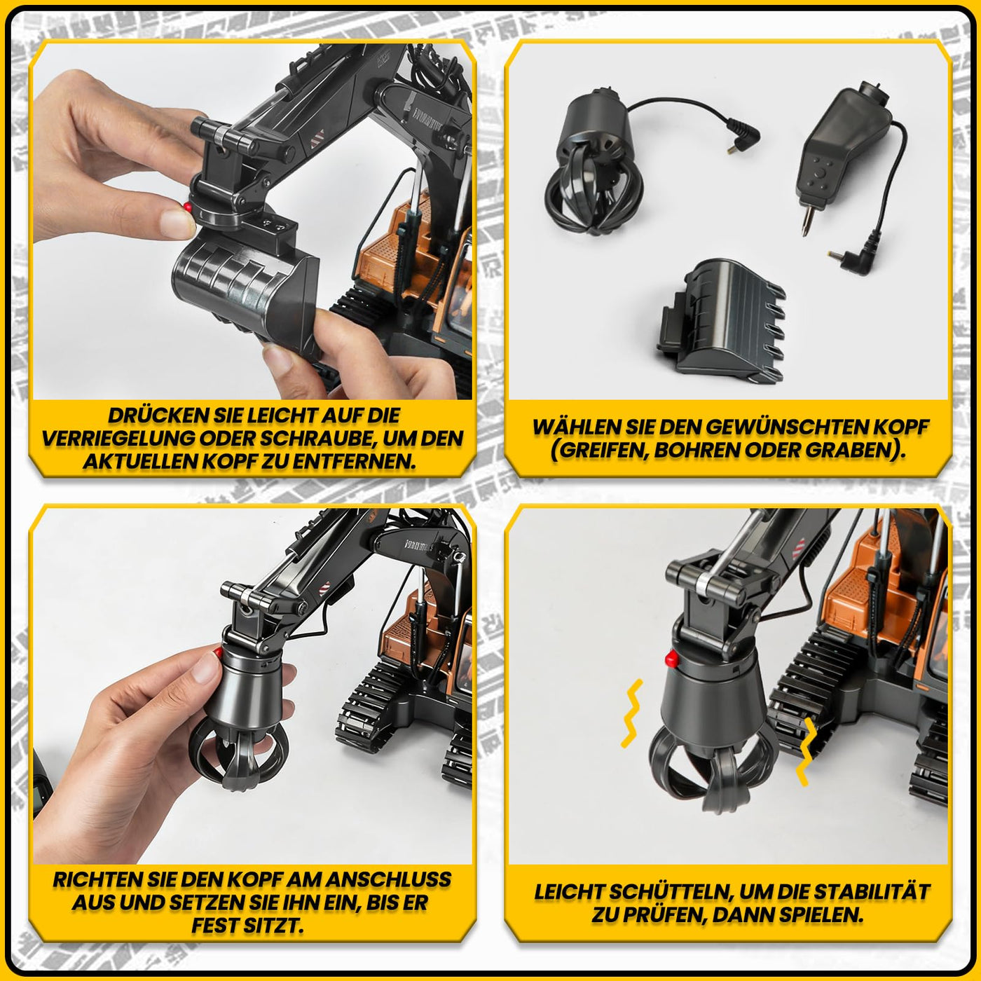 Charmofun 3-in-1 Ferngesteuerter Bagger, 2,4GHz RC Bagger Spielzeug mit DREI Metallköpfen, 680° Drehbarer Radlader mit Lichtern & Musik, Geschenk Ab 3-12 Jahre