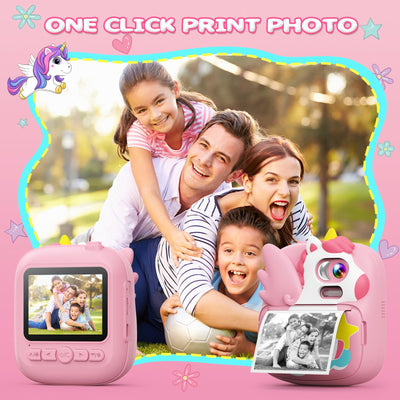 CAMCLID Kinderkamera Sofortbildkamera, 2,4 Zoll Sofortbildkamera Kinder mit 32G TF Karte und Fotopapier Drucken, 1080P HD Digitalkamera Kinder, Geschenke für Jungen und Mädchen 3-12 Jahre (Rosa)
